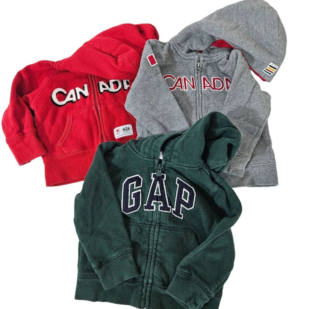 Canada & GAP Hoodies Bundle Set Of 3 Baby & Toddler Sizes 12M 24M Red Grey Green